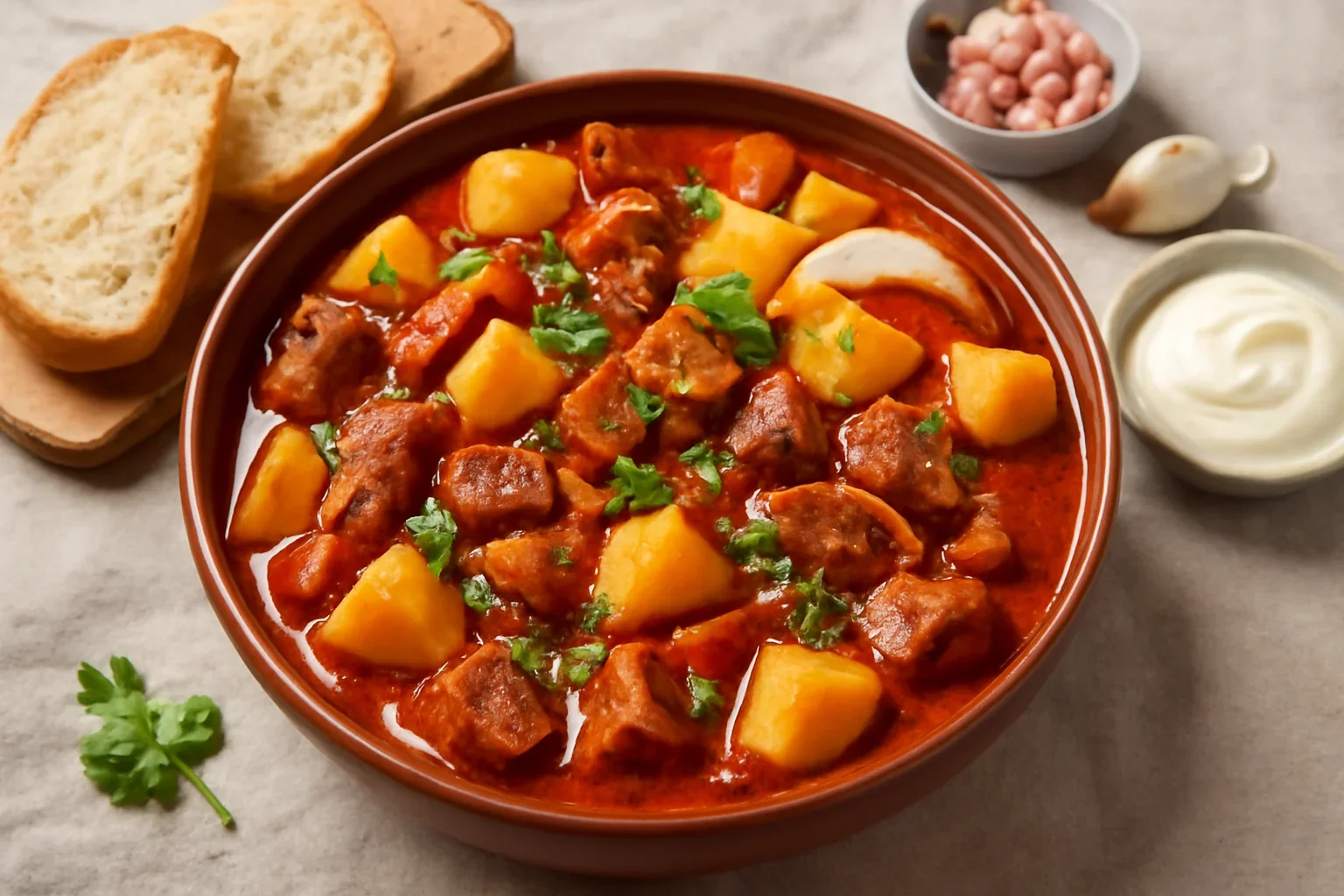 Tocăniță ardelenească de porc cu cartofi și sos gustos cu ceapă și usturoi