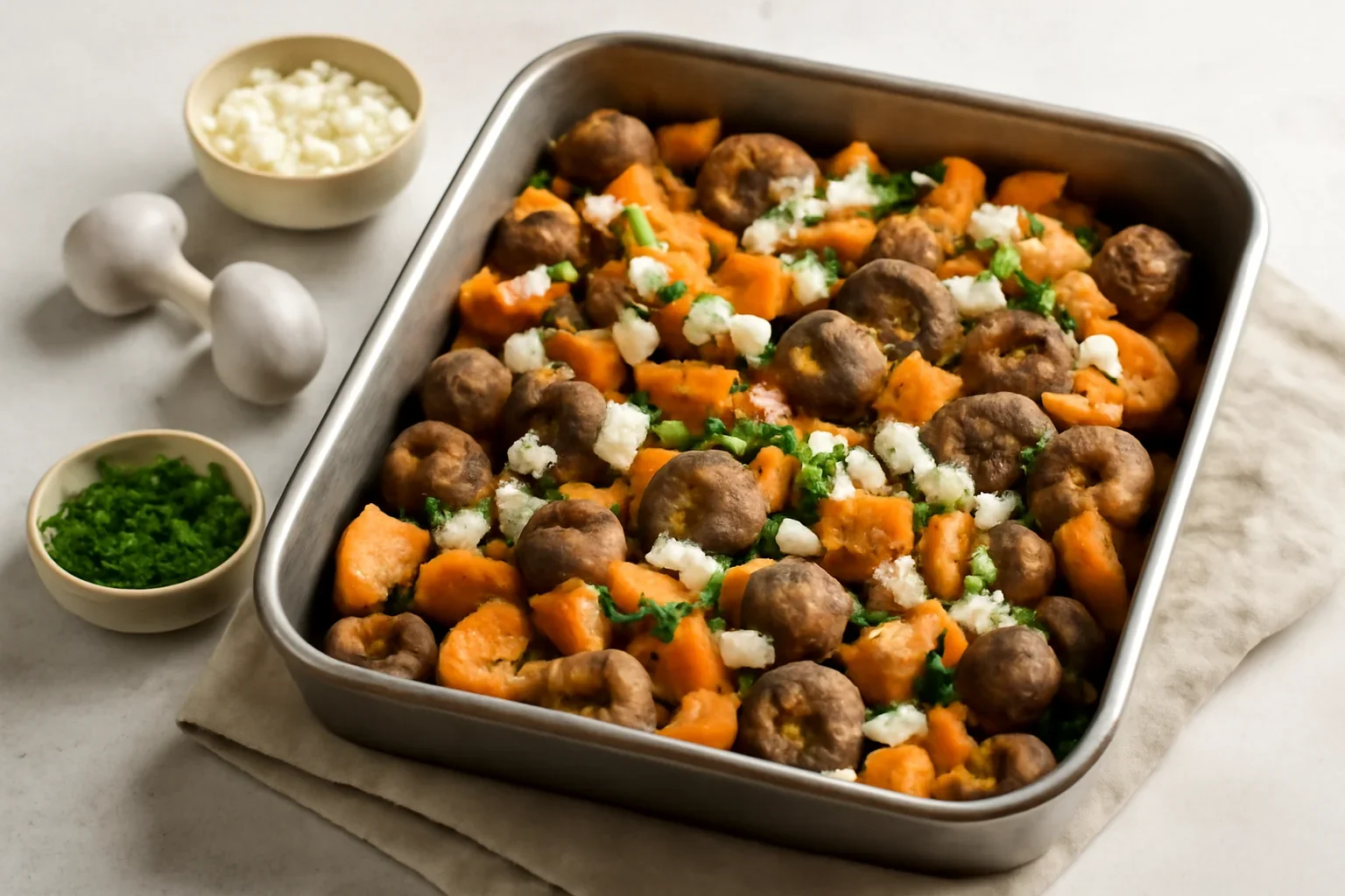 Ciuperci cu brânză, cartofi dulci și legume din o singură tavă