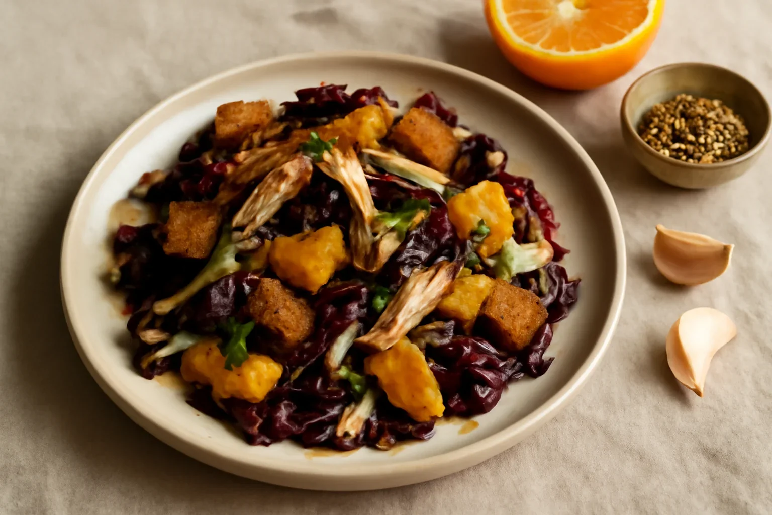 Salata calda de radicchio cu pui si portocale