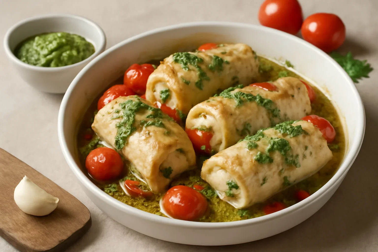 Rulouri din piept de pui cu rosii cherry si sos pesto
