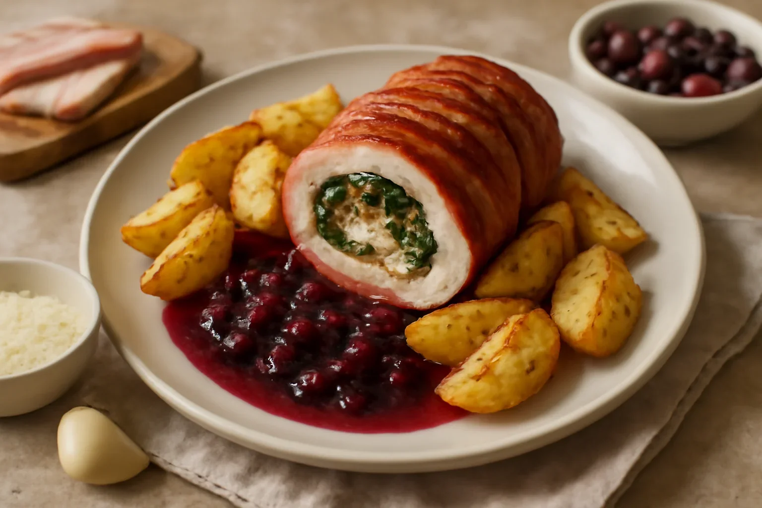 Ruladă de porc cu sos de fructe și cartofi copți