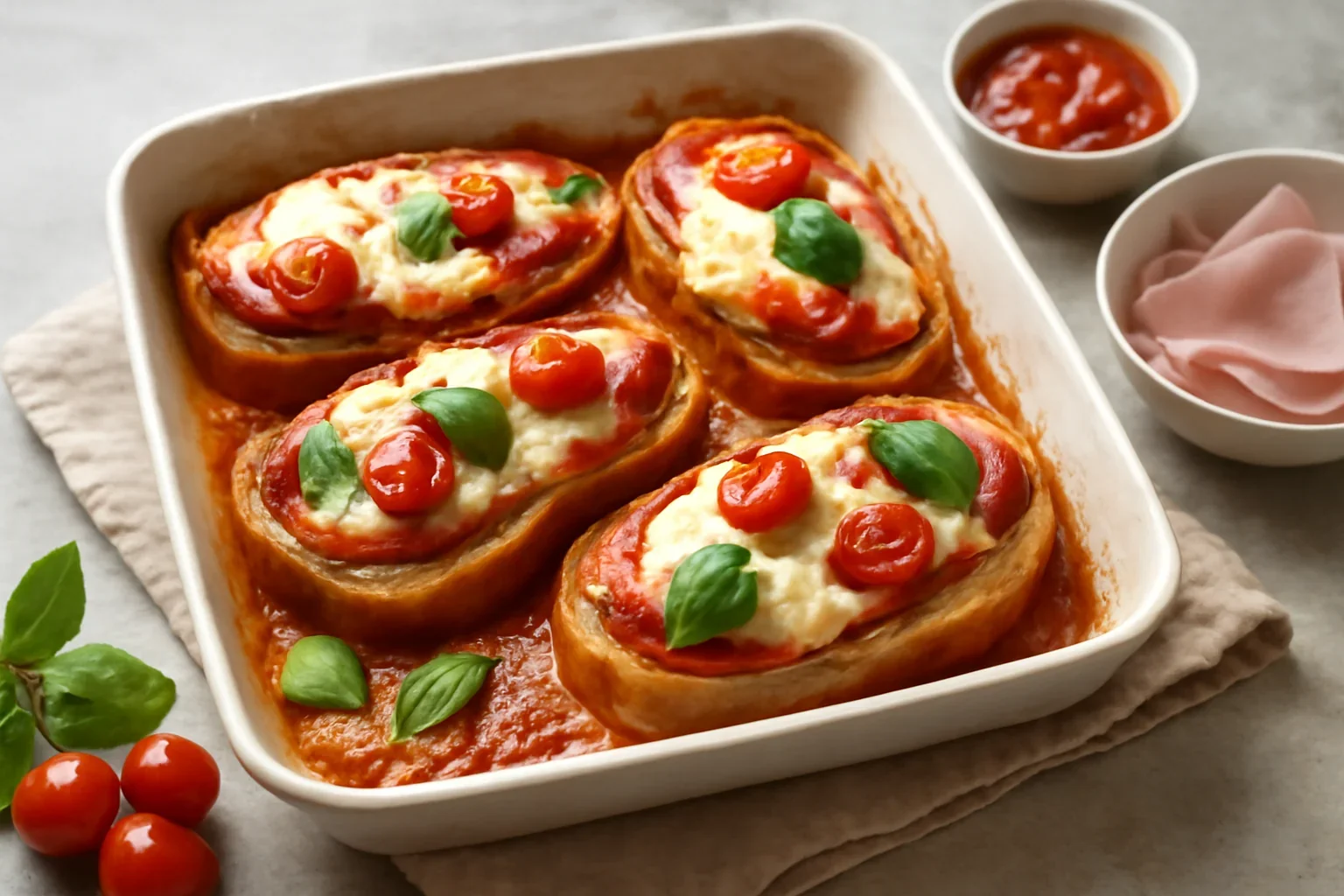 Crostini cu roșii, mozzarella și șuncă – rețeta de sandviș cald gratinat la cuptor