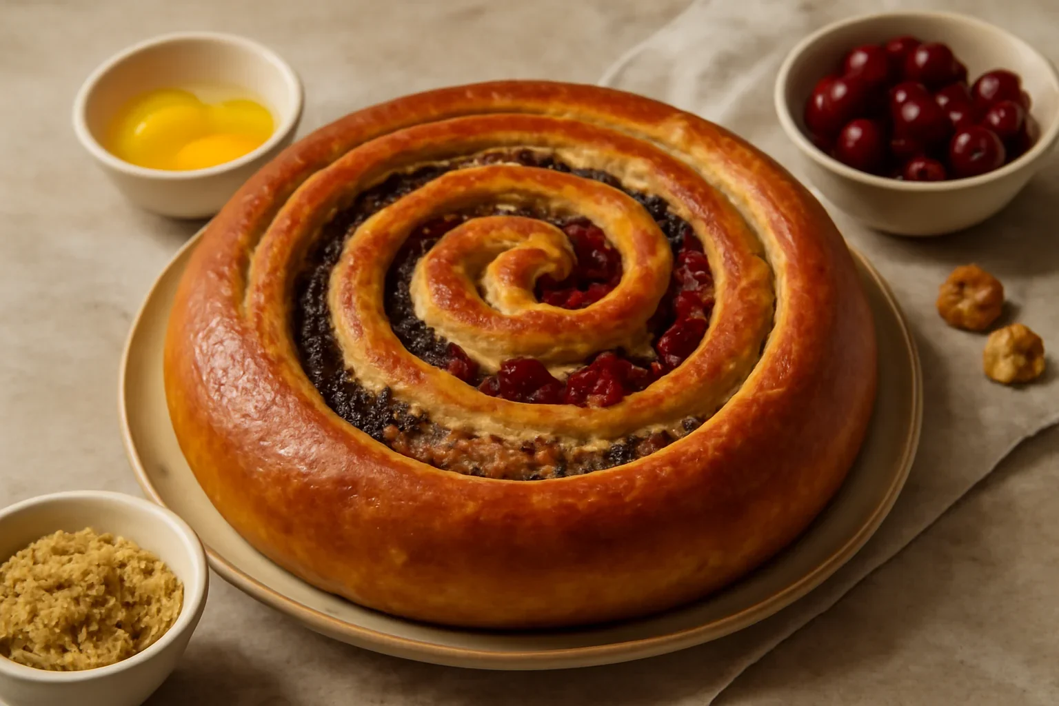 Învârtită cu nucă, mac și visine
