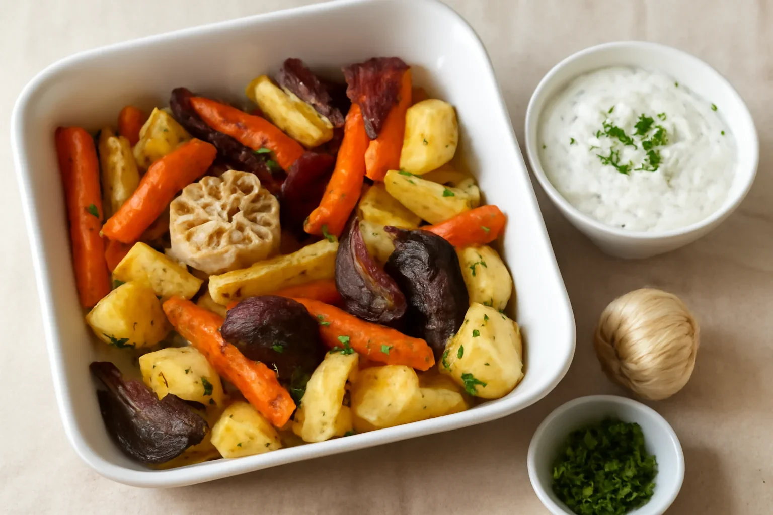 Legume la cuptor cu sos de usturoi copt si iaurt