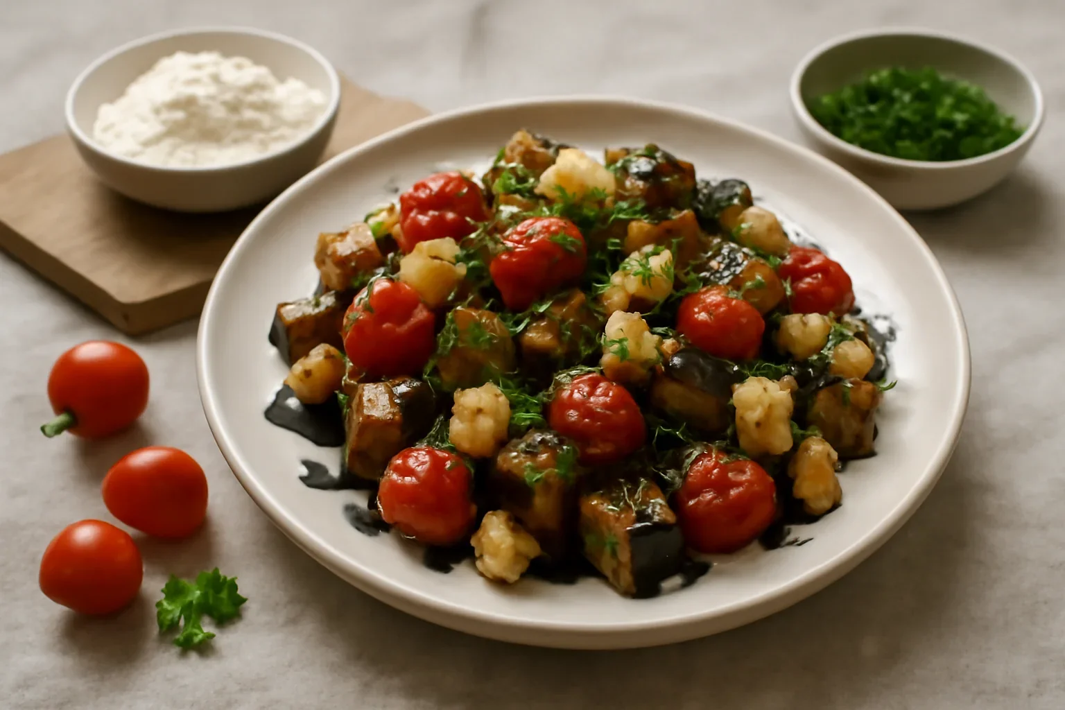 Salata de vinete cu rosii cherry si cascaval