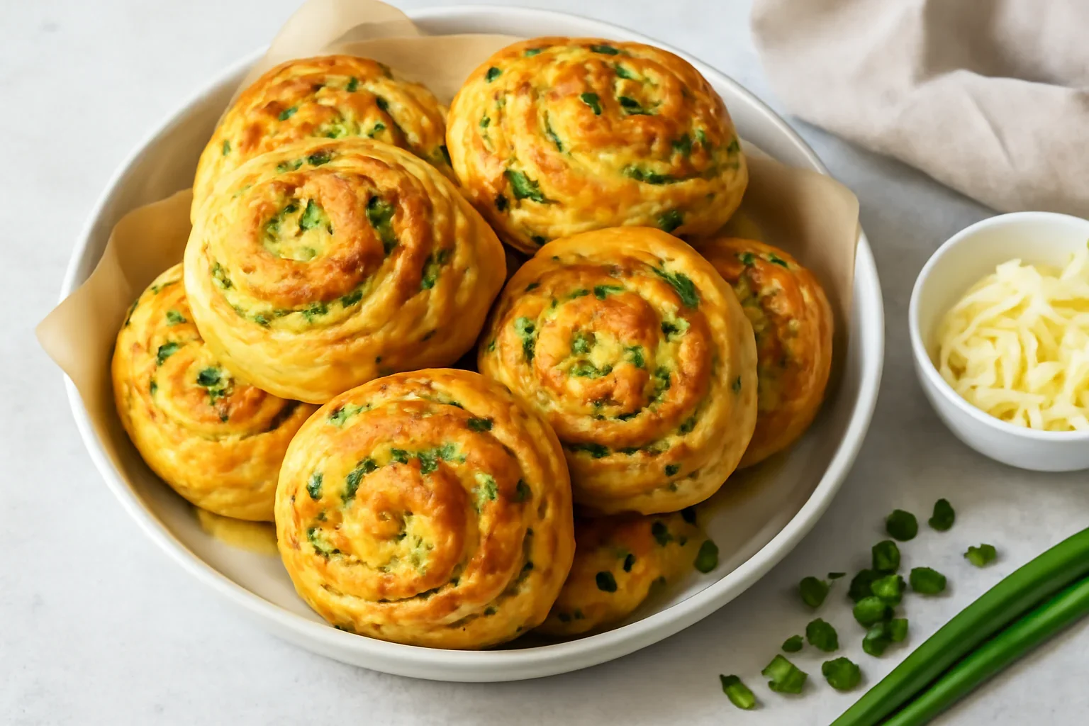 Chifle cu cozi de ceapă verde, usturoi și brânză – rețeta de pâinici spiralate sau melcișori