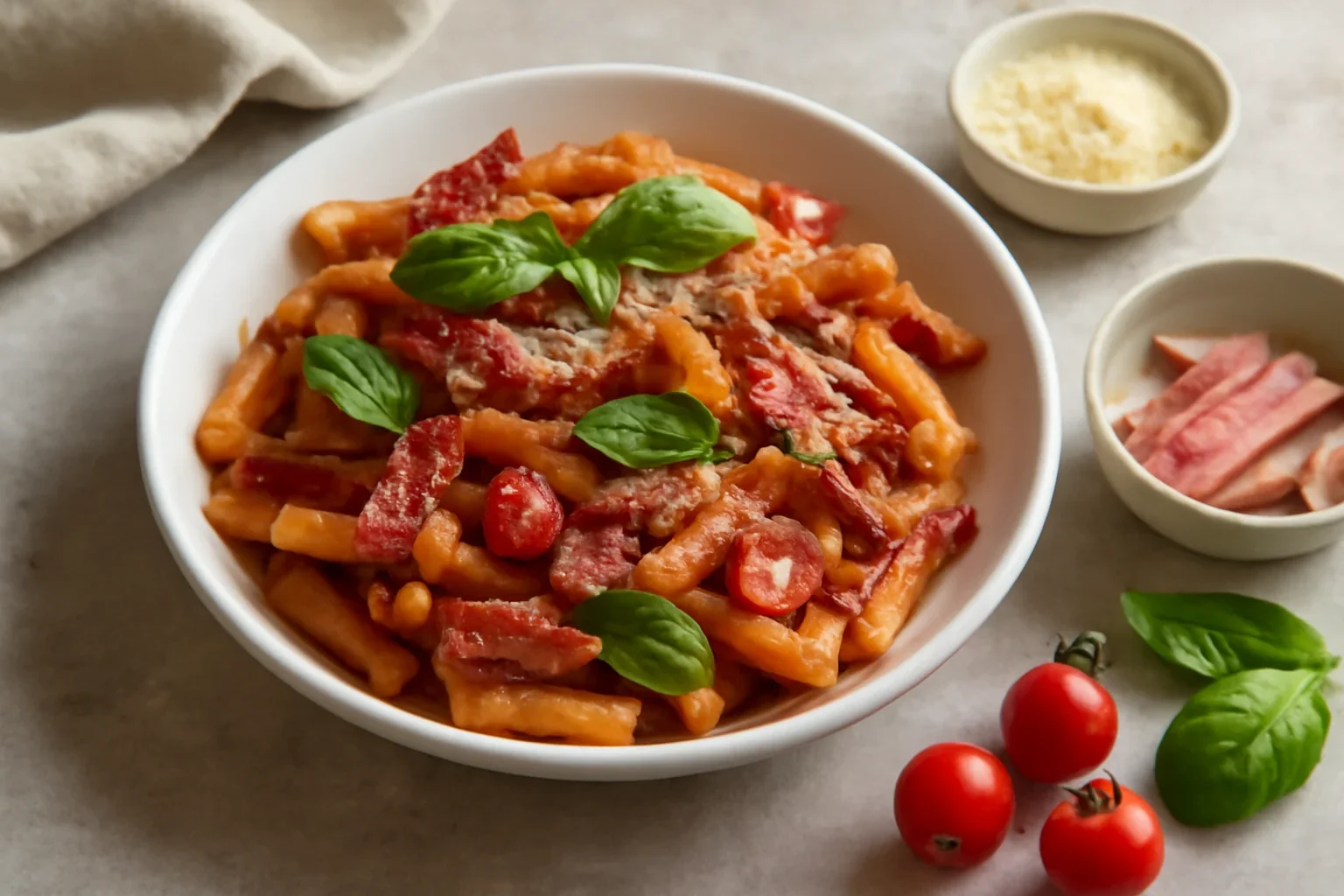 Paste simple cu rosii, busuioc si afumatura (bacon, costita, kaizer)