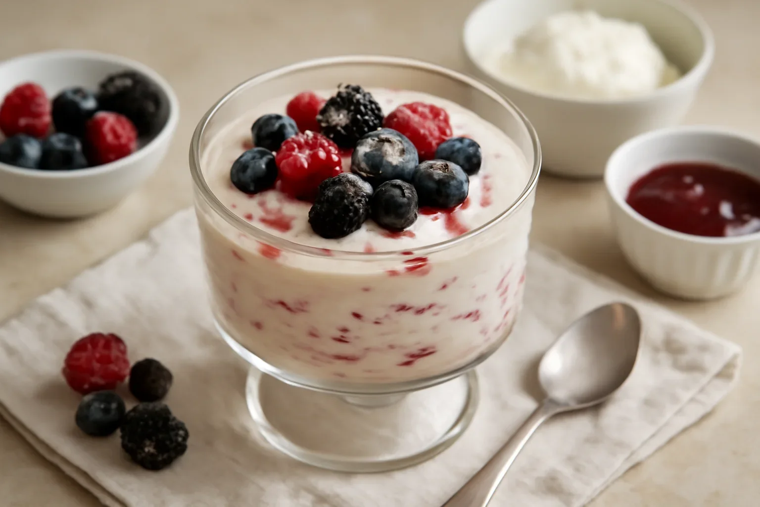Crema rapida cu mascarpone, frisca si fructe de padure