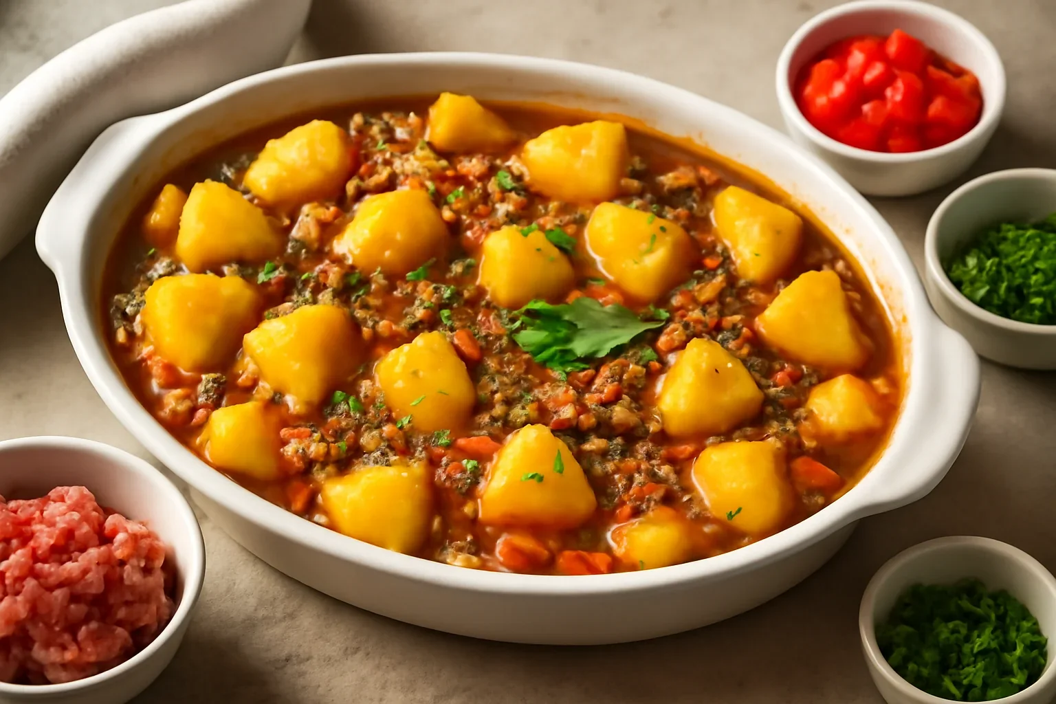 Mâncare de cartofi cu carne tocată, la cuptor – gulaș rapid – video