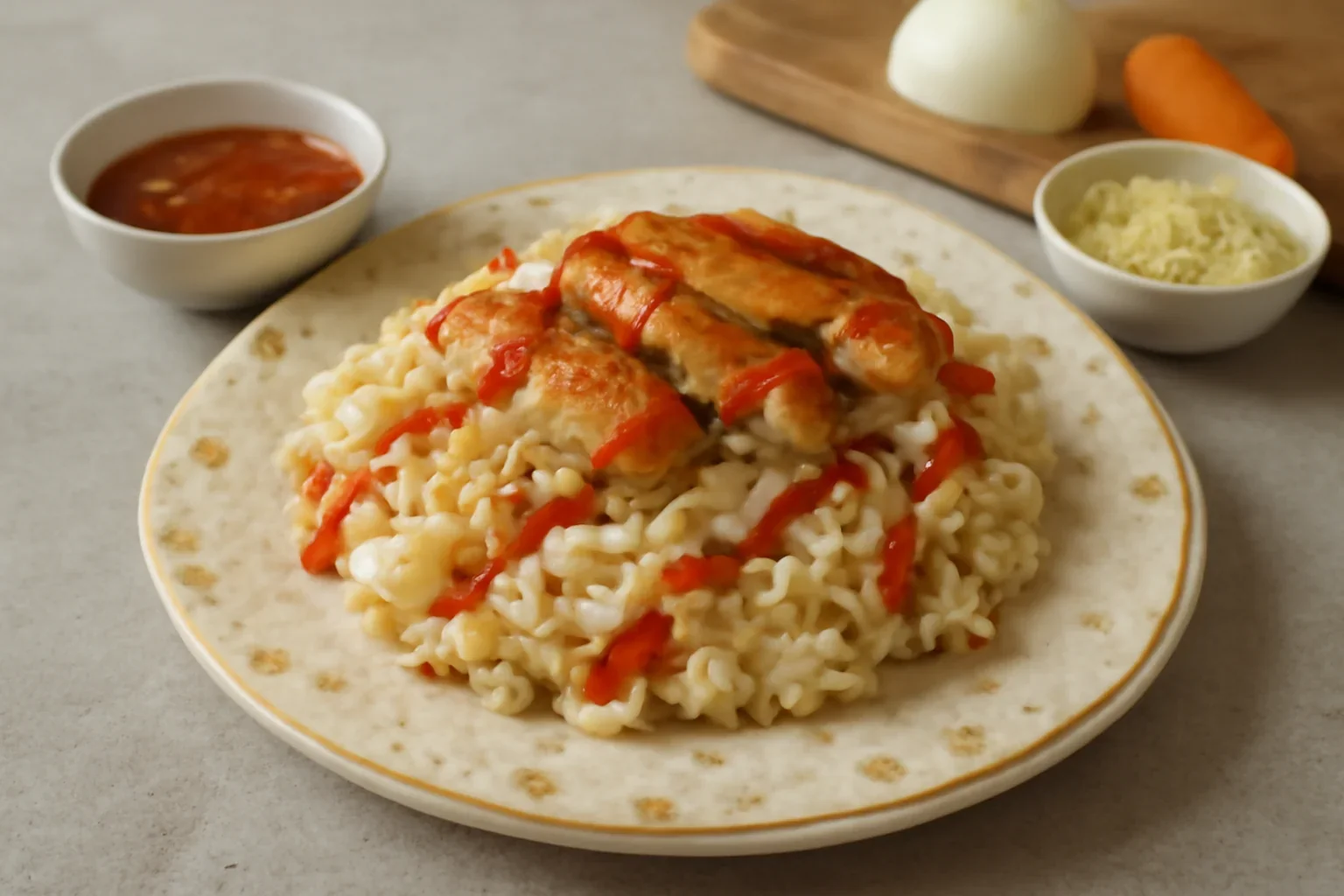 Pui cu maioneza, paste si sos chilli, la lipie