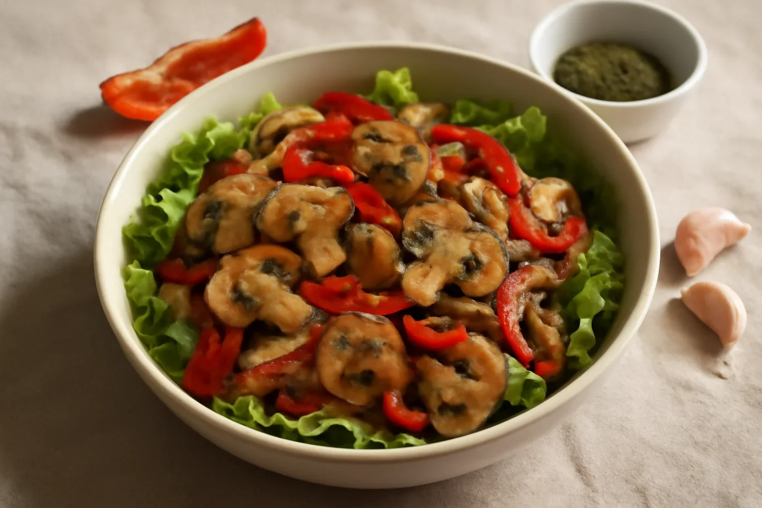 Salata de ciuperci cu ardei, ceapa rosie si salata verde