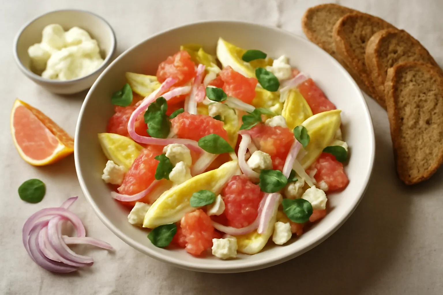 Salată cu cicoare, grepfrut și brânză balcanică