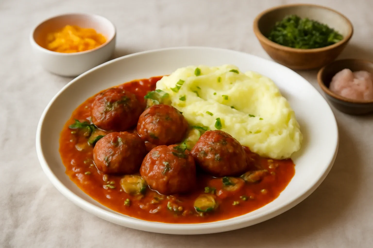 Chiftele marinate cu sos de rosii si piure de cartofi