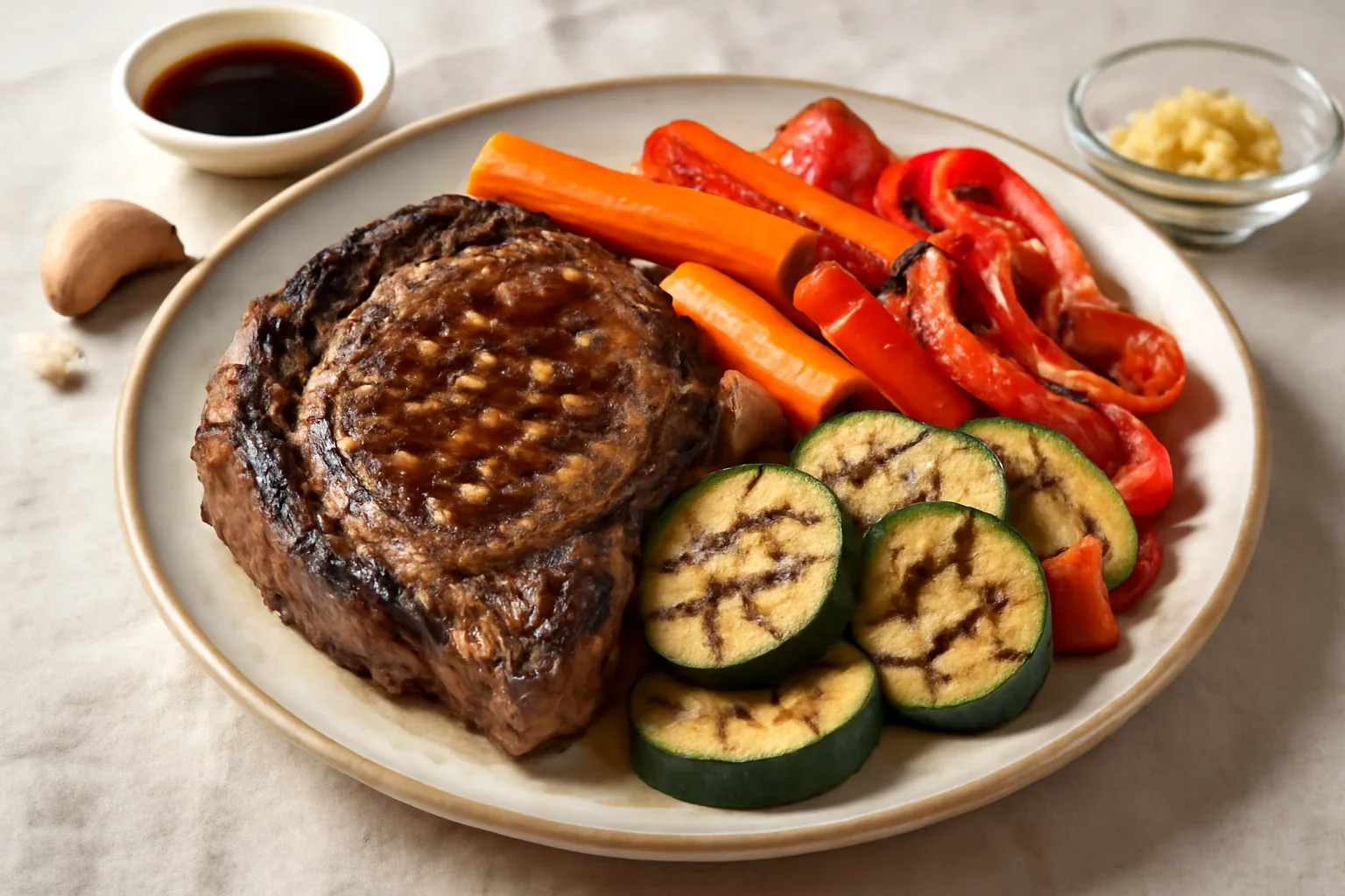 Cotlet de vita rib eye steak cu legume, la gratar