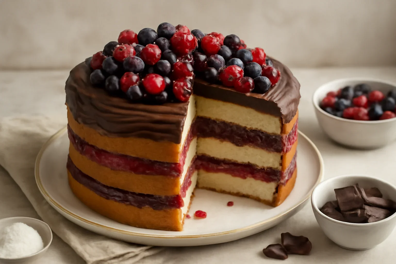Tort magic cu piure de fructe roşii şi cremă de ciocolată