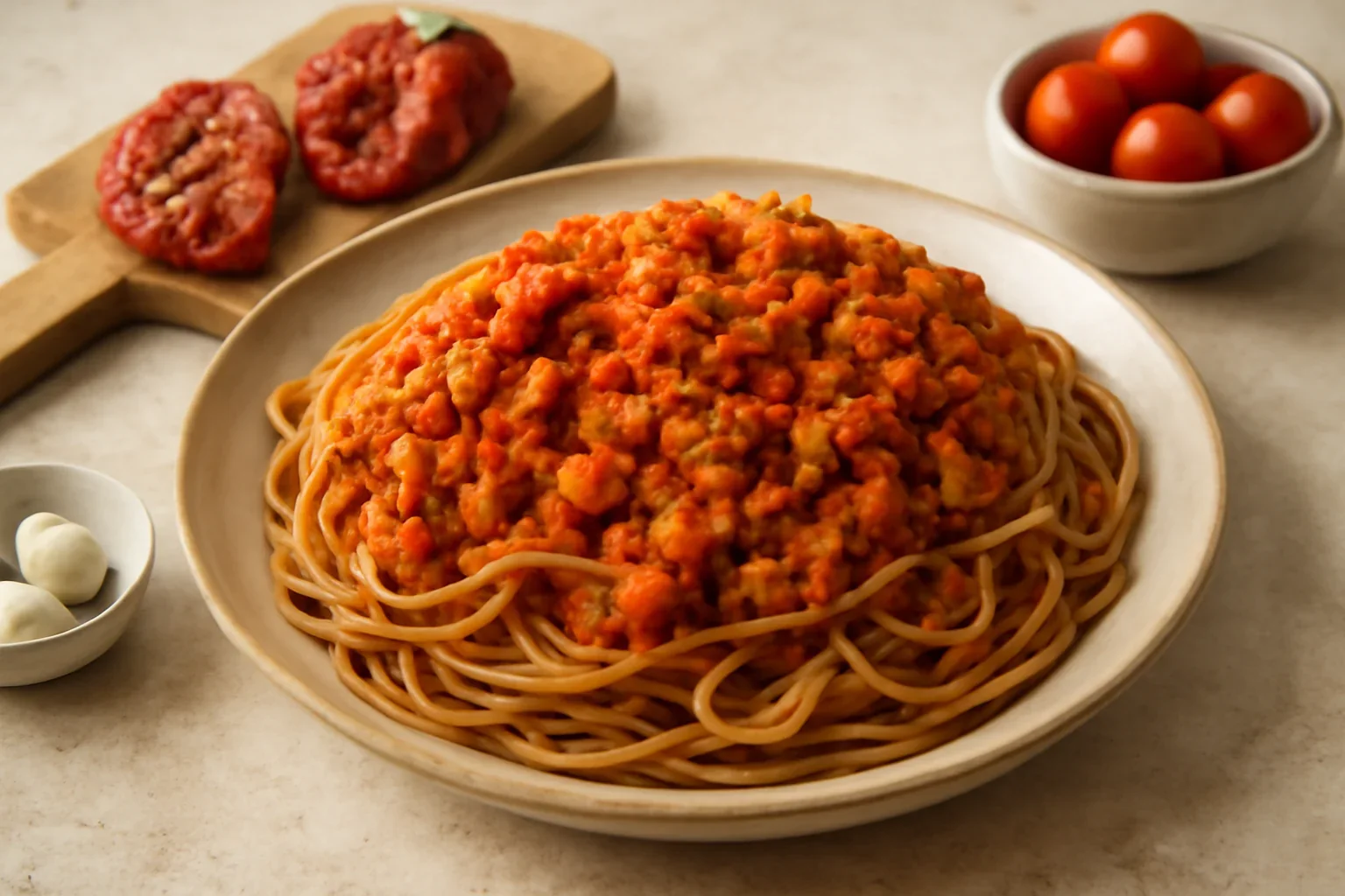 Spaghete cu sos de ardei copți cu carne de curcan tocată