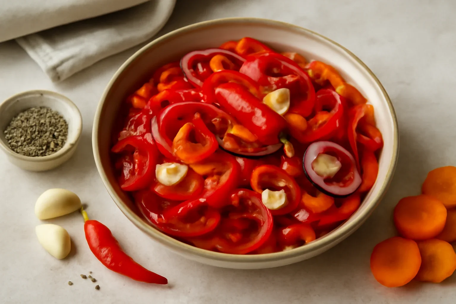 Salată picantă de ardei în oțet cu usturoi și ardei iute – pentru iarnă