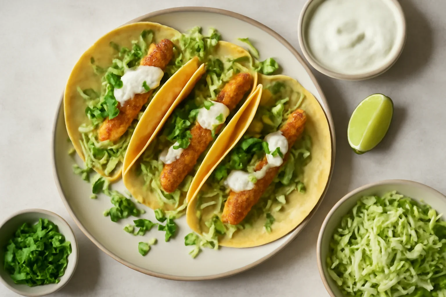 Tacos mexicane cu pește, salată de varză și cremă de lime