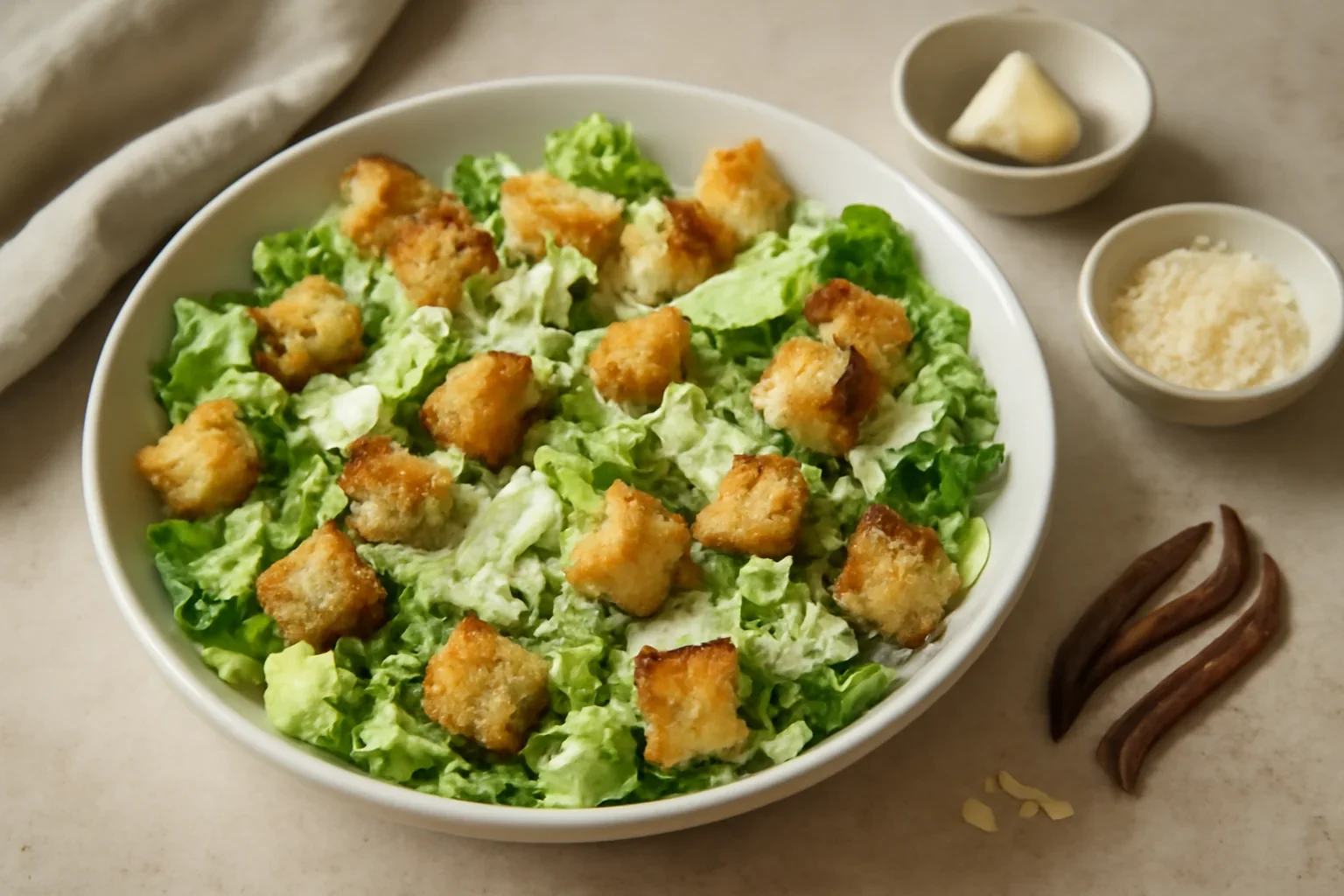 Salată Caesar rețeta clasică cu dressing cremos, crutoane și parmezan