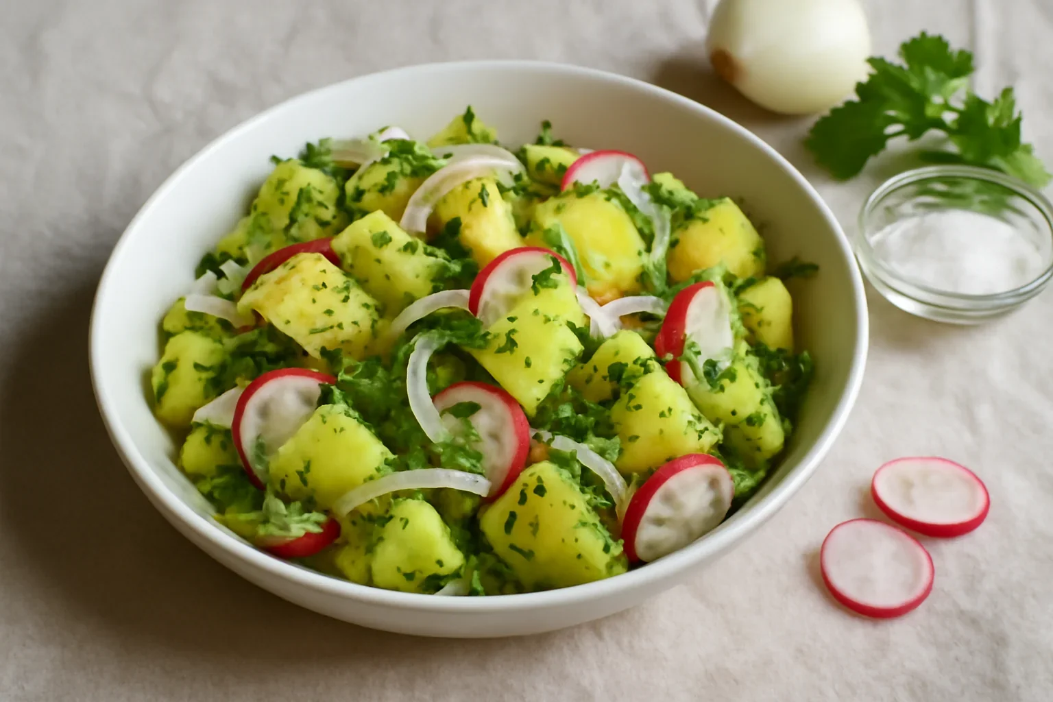 Salata de cartofi reteta simpla cu ceapa si dressing acrisor (video) – salata orientala de primavara