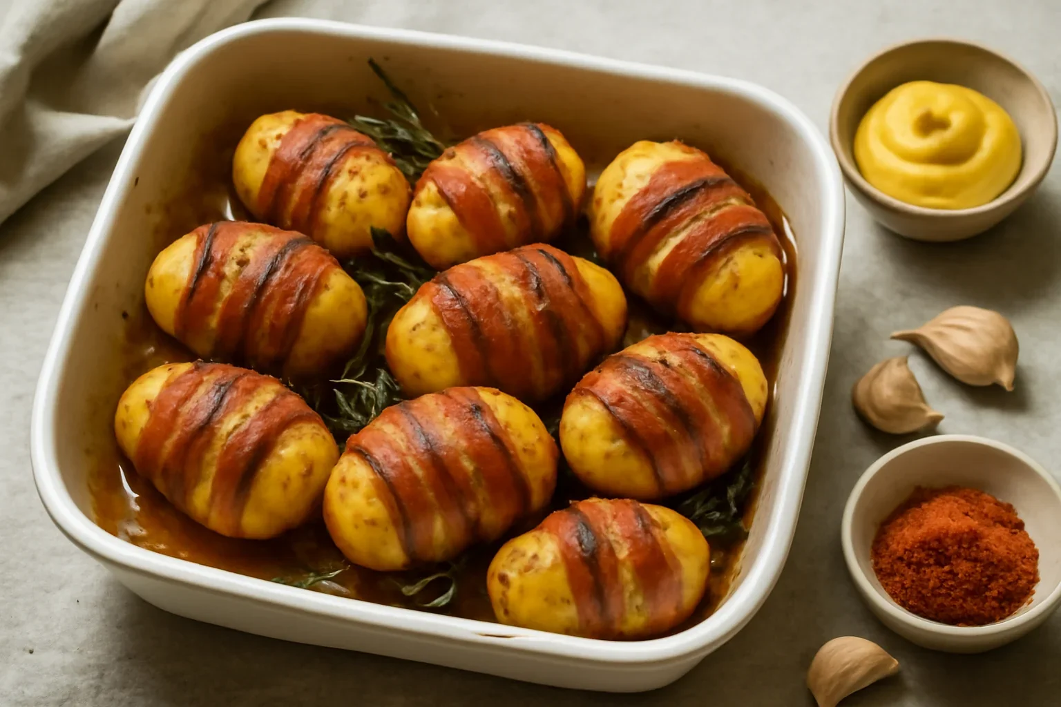 Cartofi inveliti in bacon la cuptor