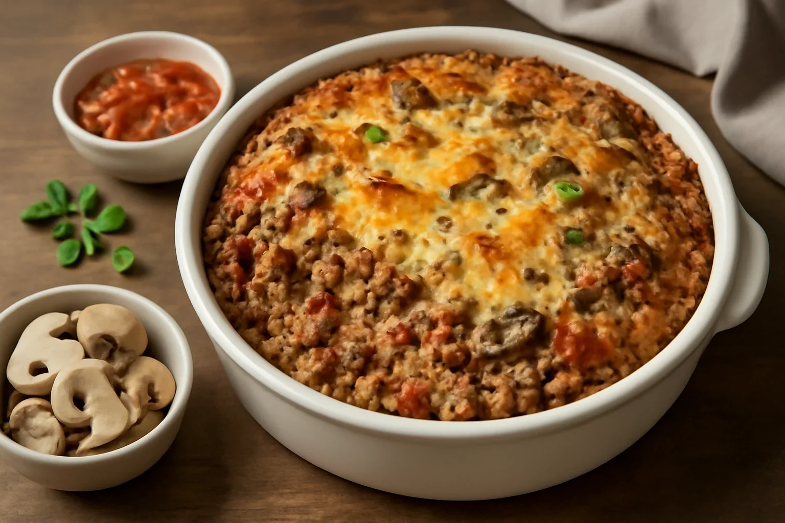 Budinca de orez cu carne si ciuperci