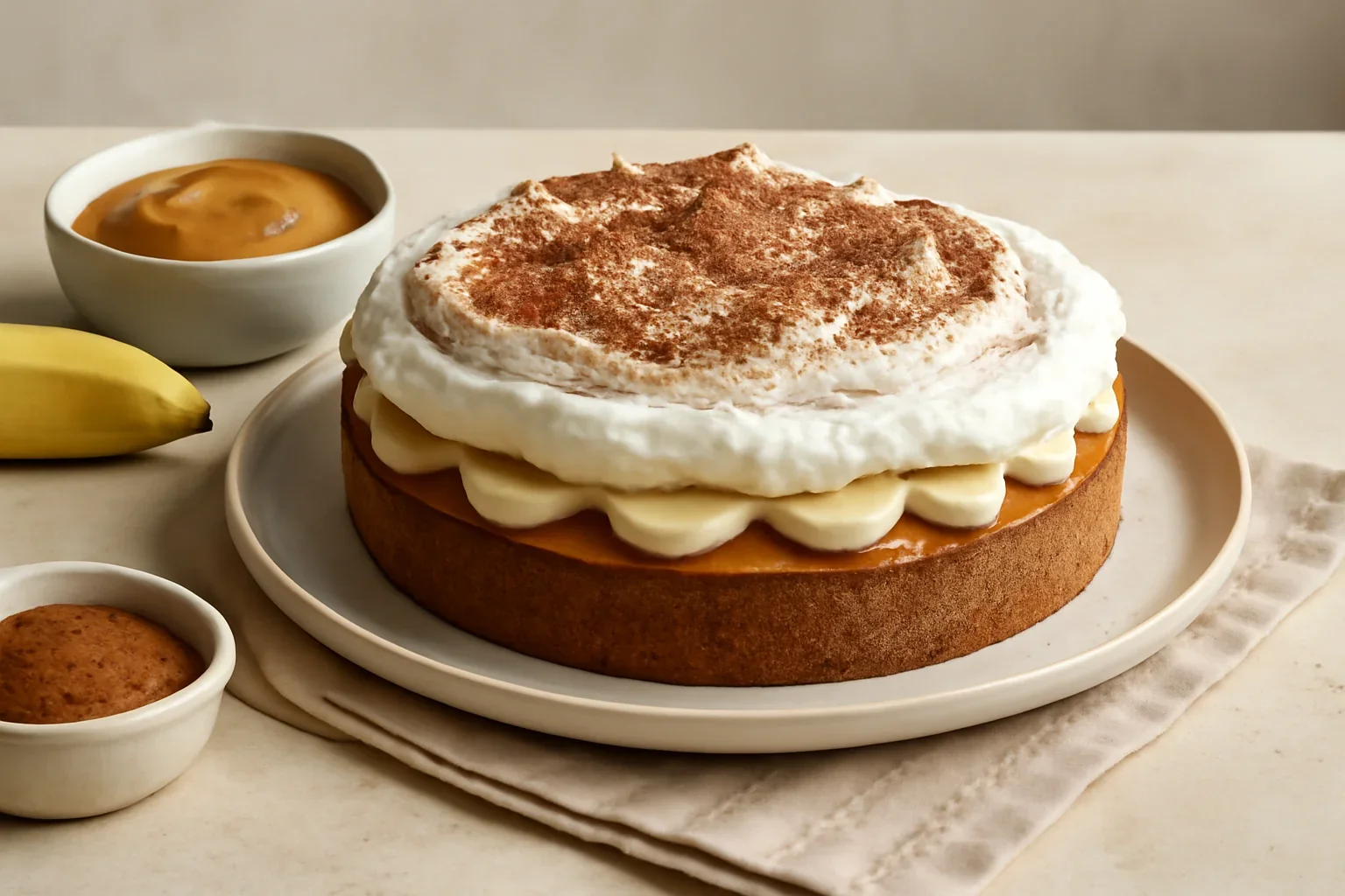 Tort Banoffee, cu biscuiti, banane si frisca