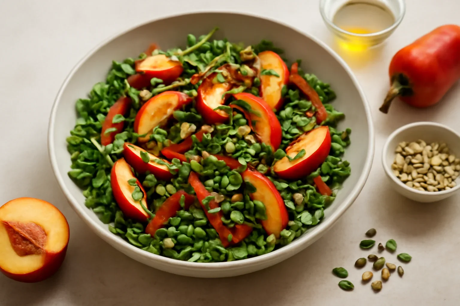 Salata de iarba grasa, nectarine si ardei