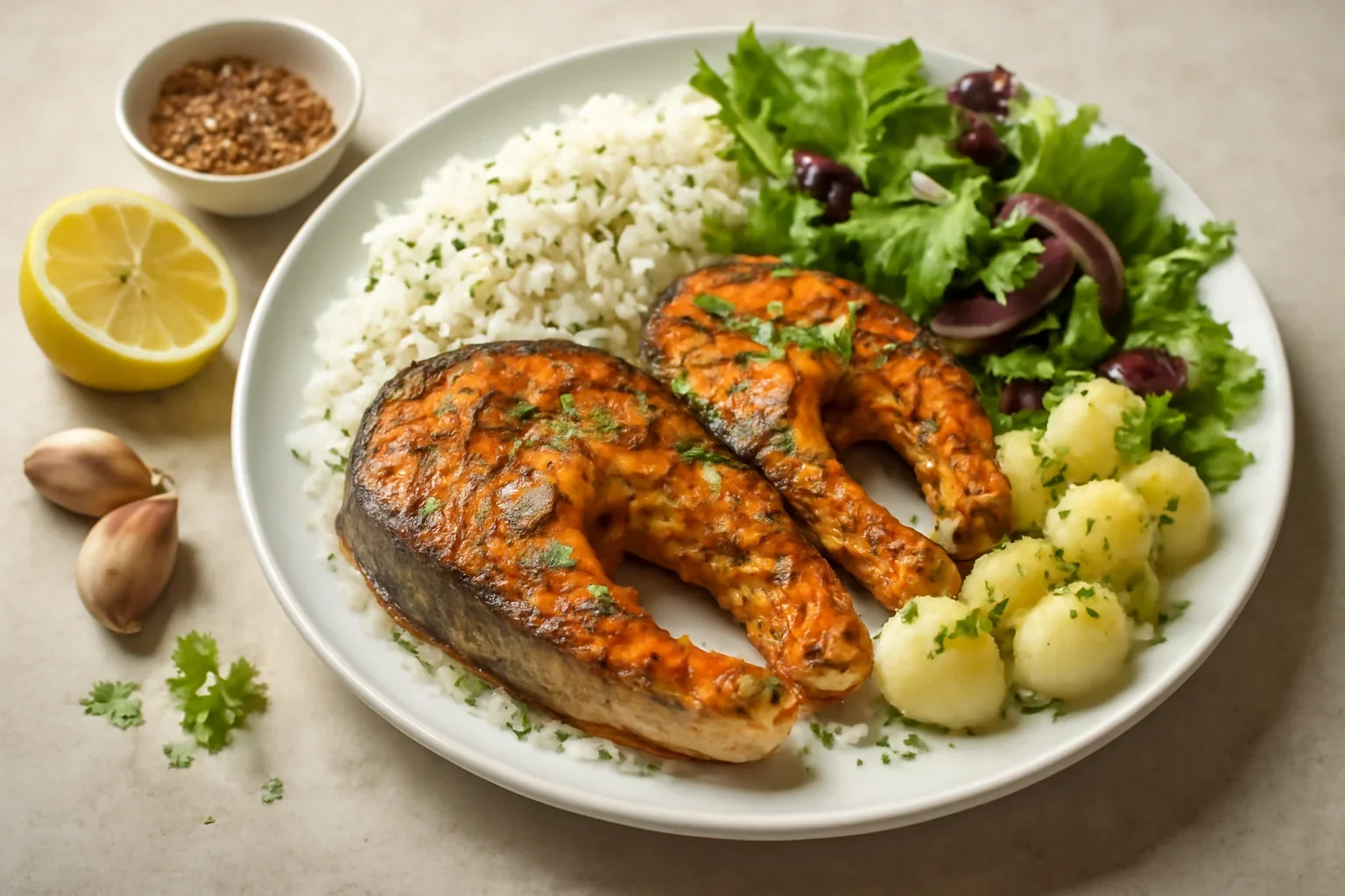 Somon la gratar sau tigaie – reteta de rondele de somon marinate cu usturoi prajite la grill