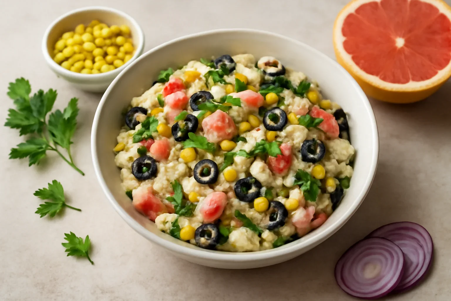 Salata de peste cu grapefruit, porumb si patrunjel, reteta rapida