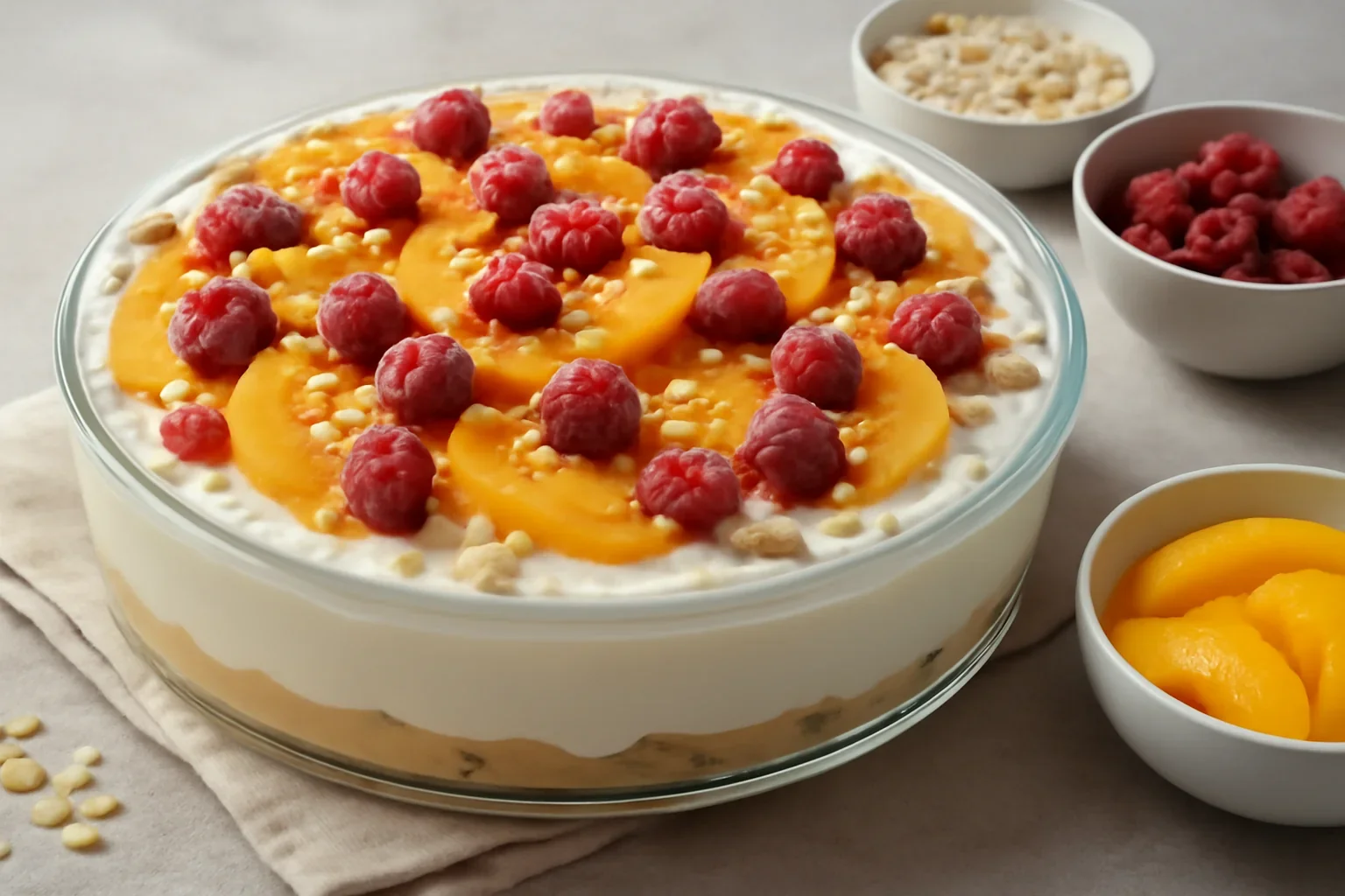 Cheesecake Melba fără coacere cu piersici, zmeură și pișcoturi (tip tiramisu) – rețeta VIDEO