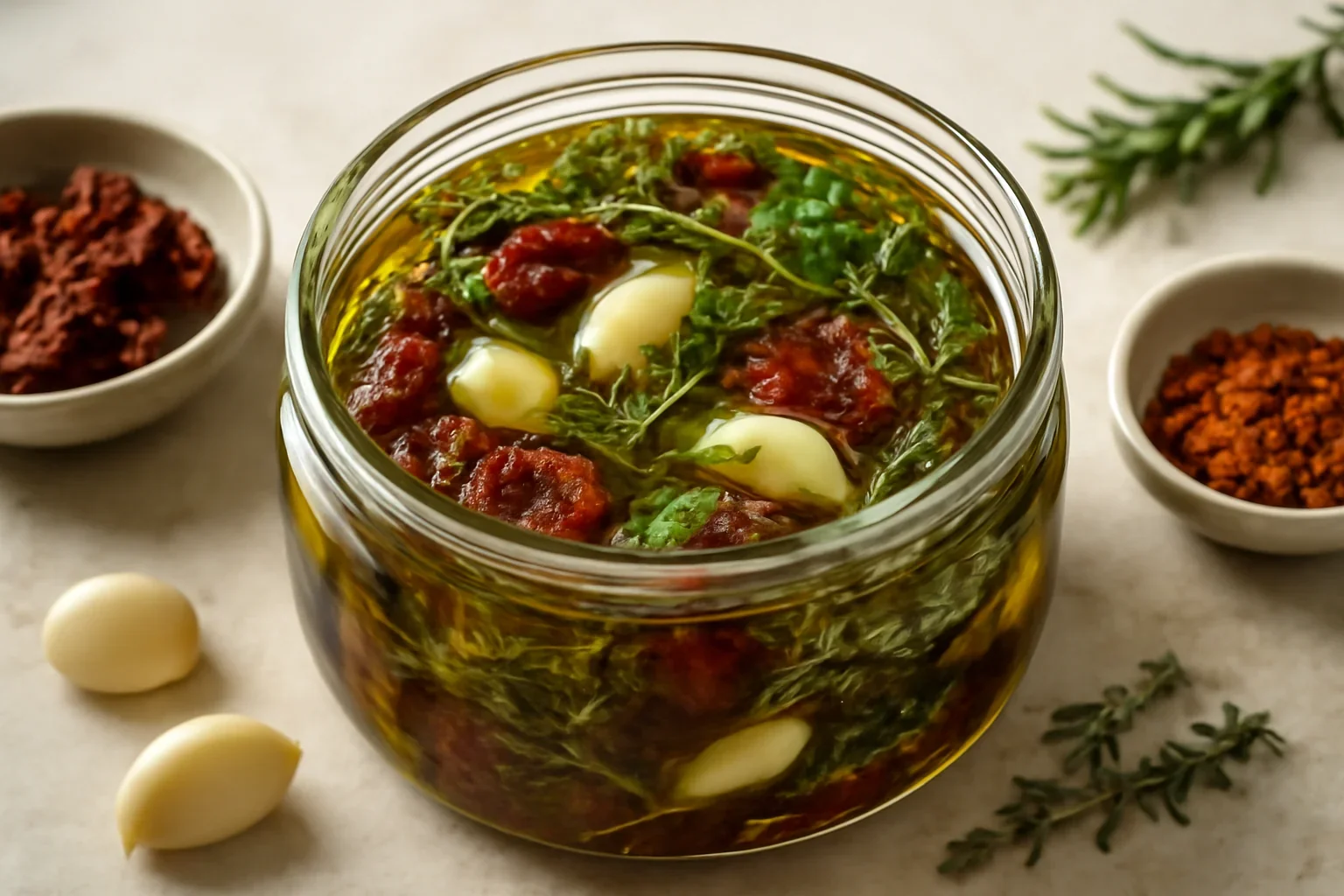Ulei aromatizat cu usturoi, ierburi aromatice, roșii uscate, ardei iute