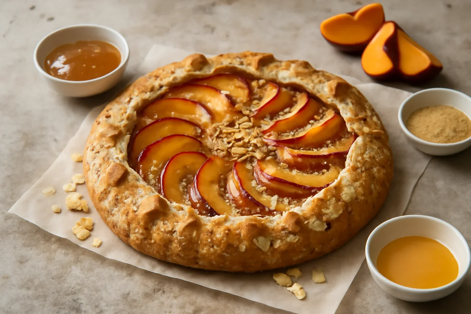 Galette cu piersici, cremă frangipane și fulgi de migdale – rețeta de tartă rustică franțuzească