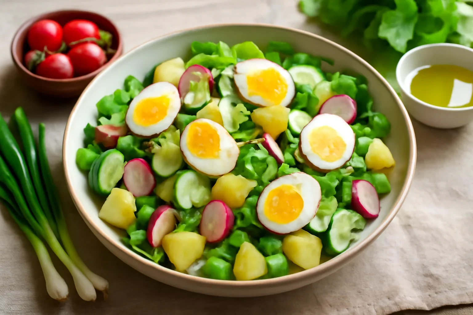 Salata orientala de primavara cu oua fierte si ceapa verde