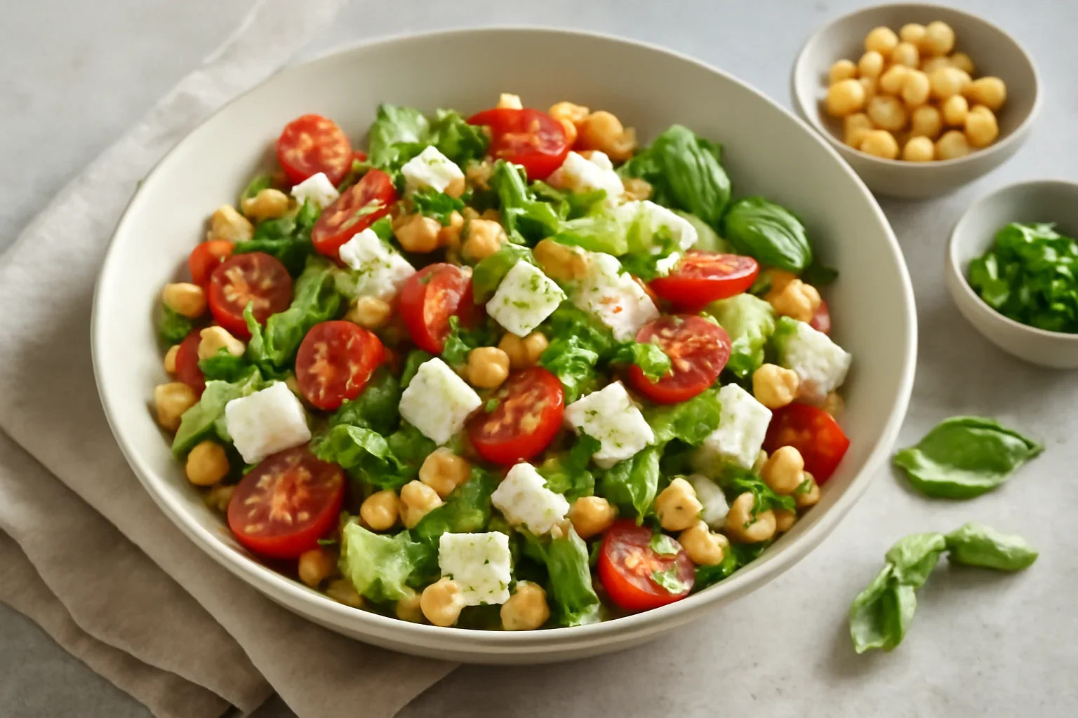 Salată rapidă cu năut boabe, crudități și brânză telemea (feta, caș proaspăt)