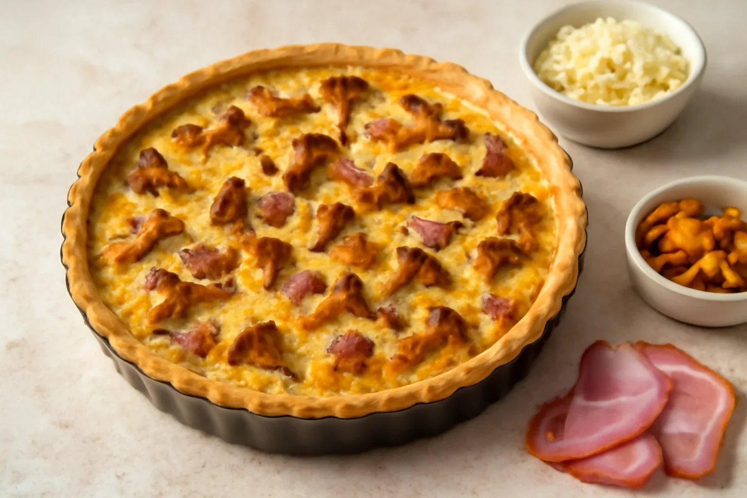 Tarta cu ciuperci (galbiori), sunca si cascaval – quiche cu ciuperci