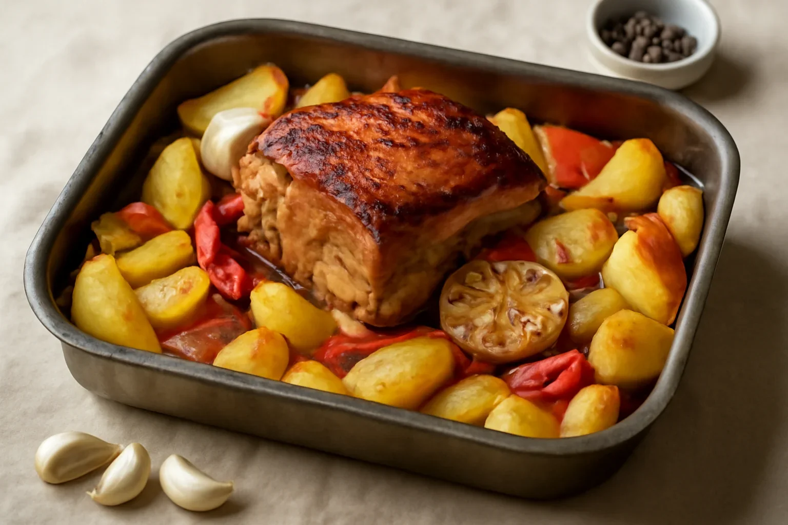 Friptura de porc la tavă cu vin, usturoi si legume
