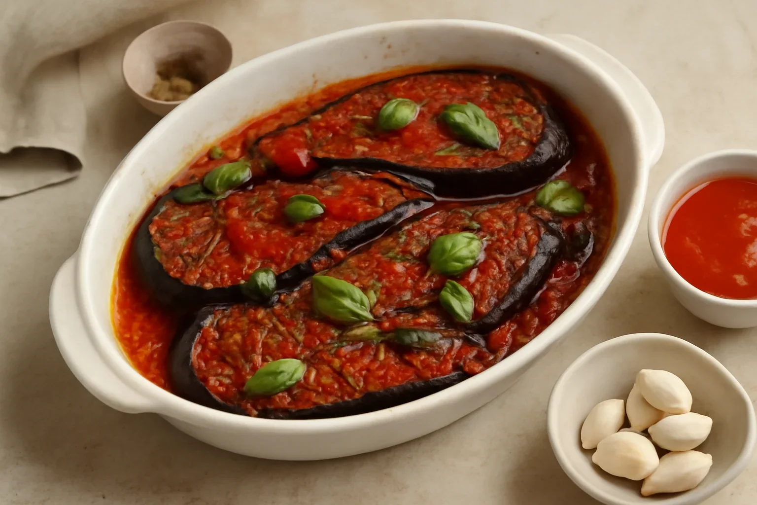 Vinete picante cu sos de rosii si usturoi, la cuptor