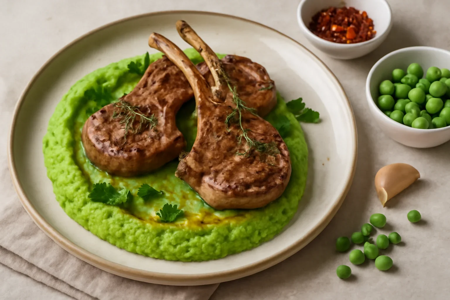 Cotlete de miel cu piure de mazare si menta, reteta simpla