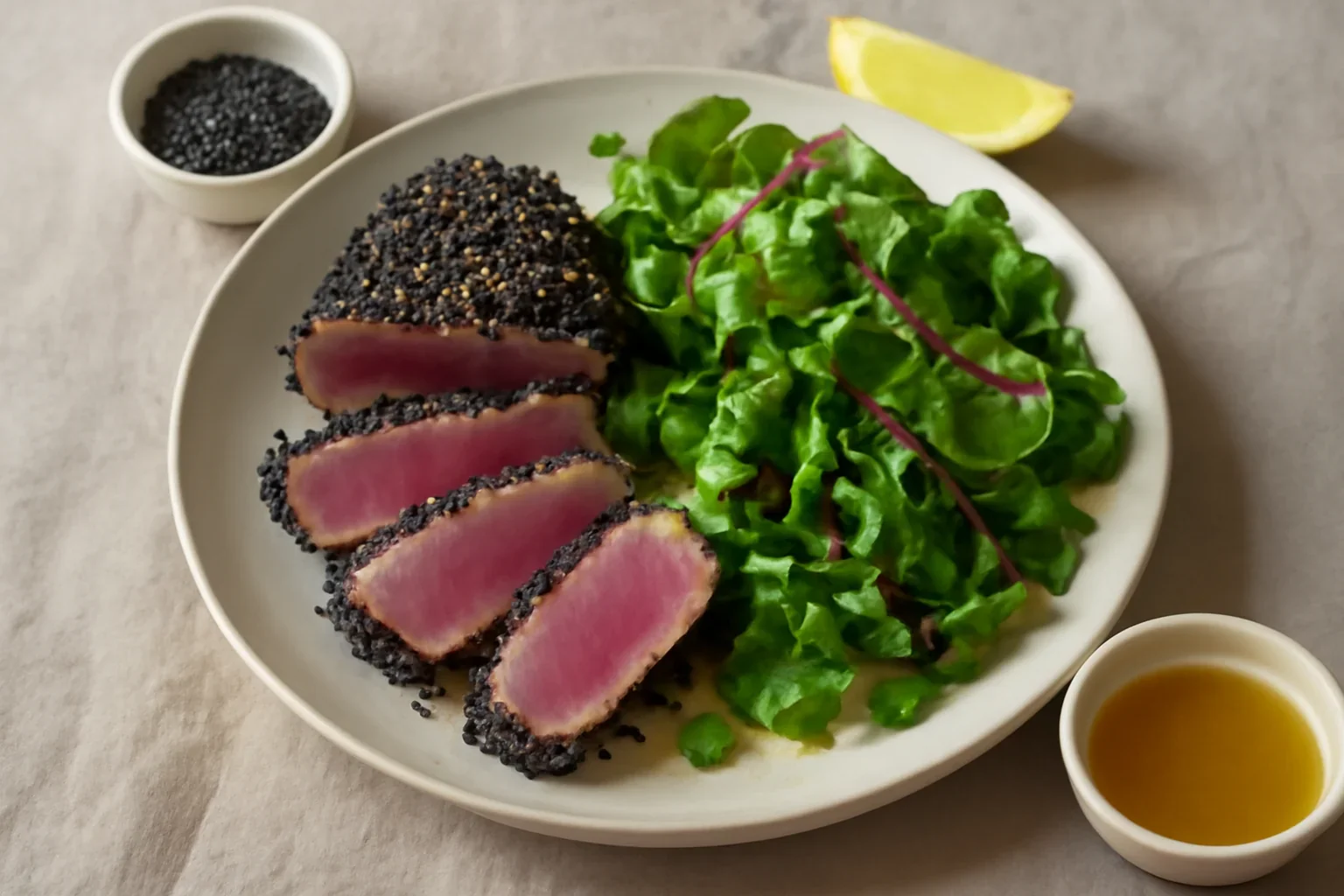 Steak de ton în crustă de susan cu salată cu dressing de miere
