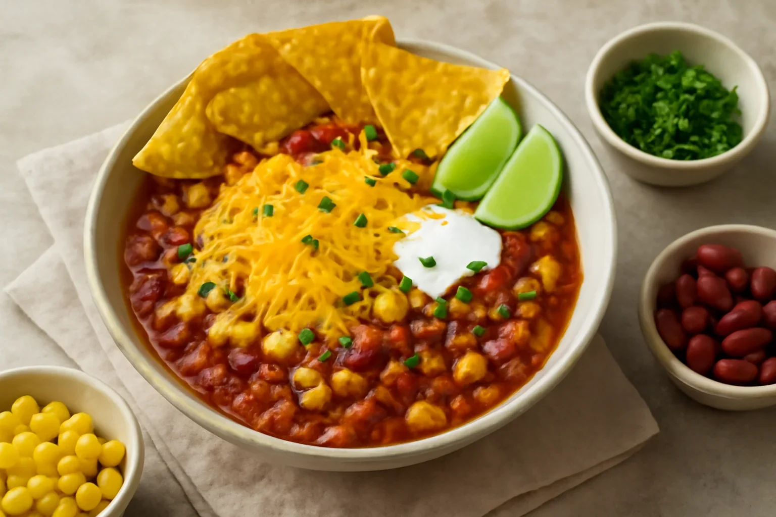 Chili con carne cu porumb, brânză Cheddar și nachos sau tortilla chips