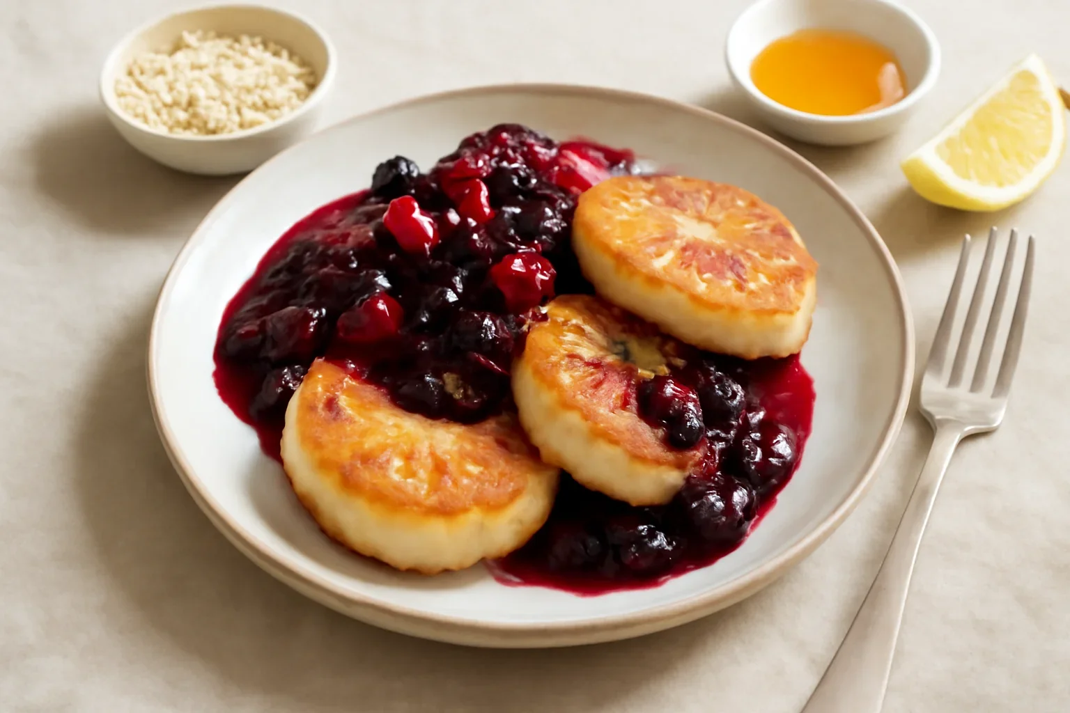 Clătite ucrainene (syrnyky) cu compot de fructe