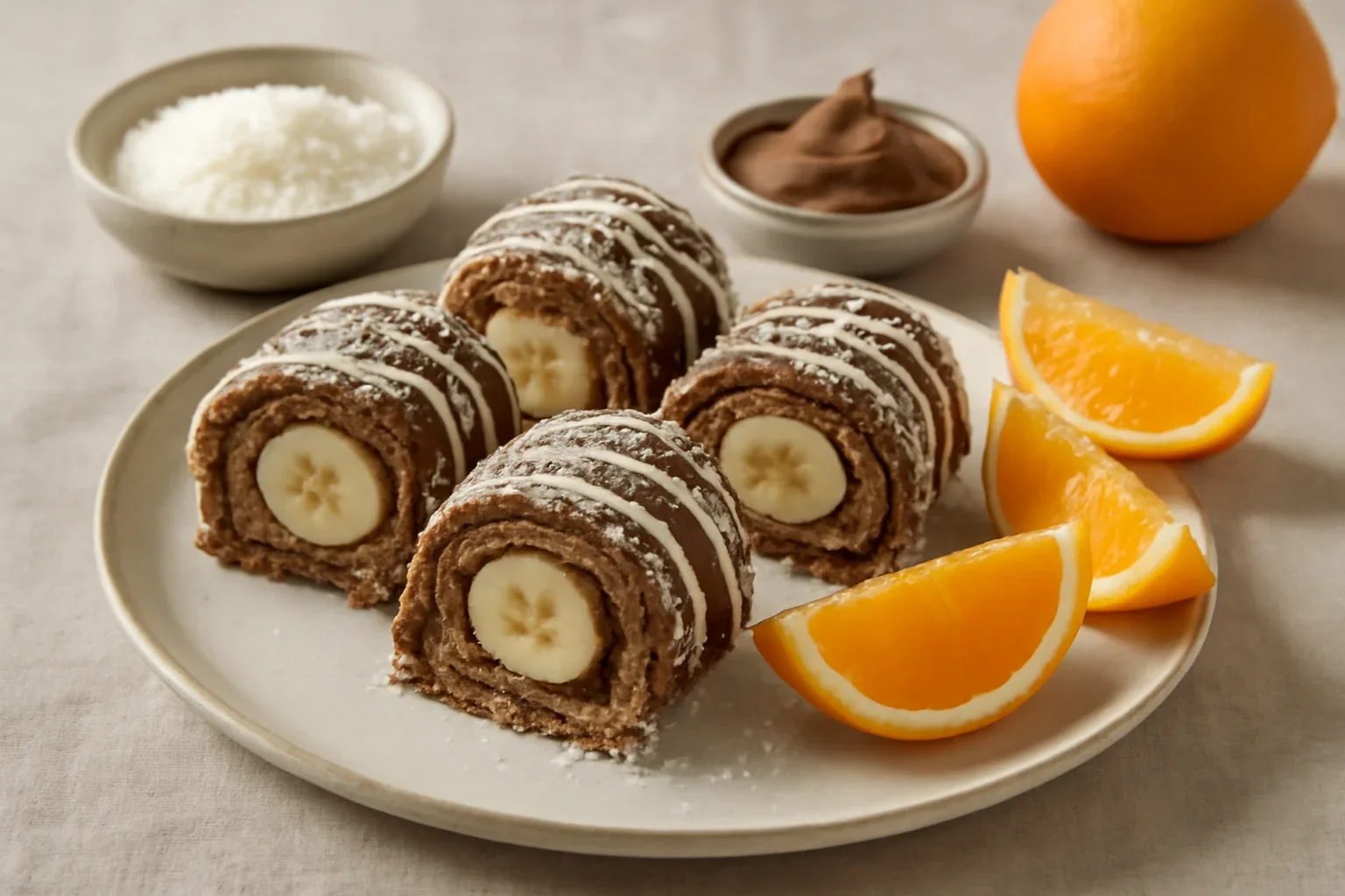 Mini rulade cu banane, crema de ciocolata si portocale