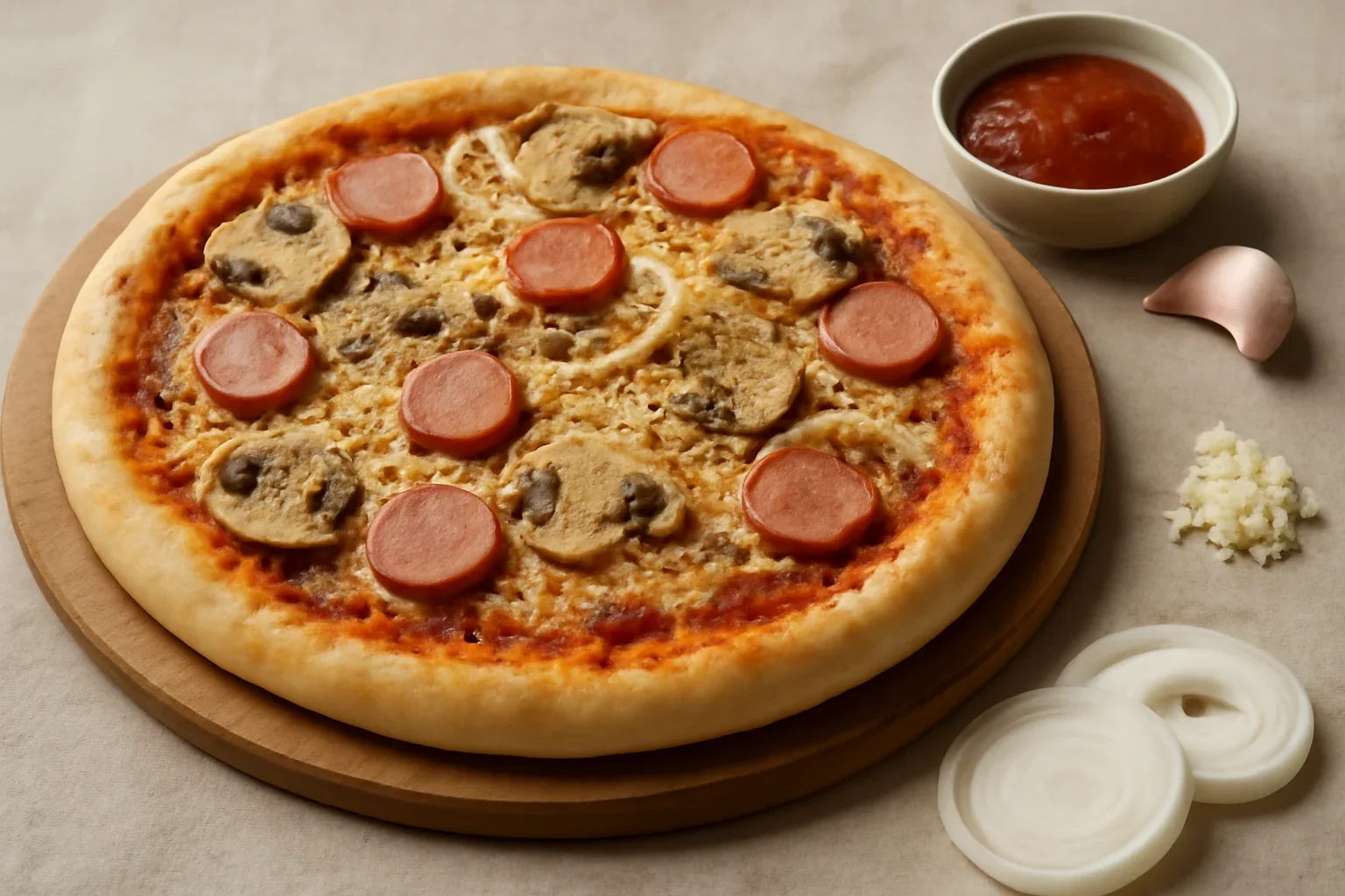 Pizza cu crenvursti si ciuperci