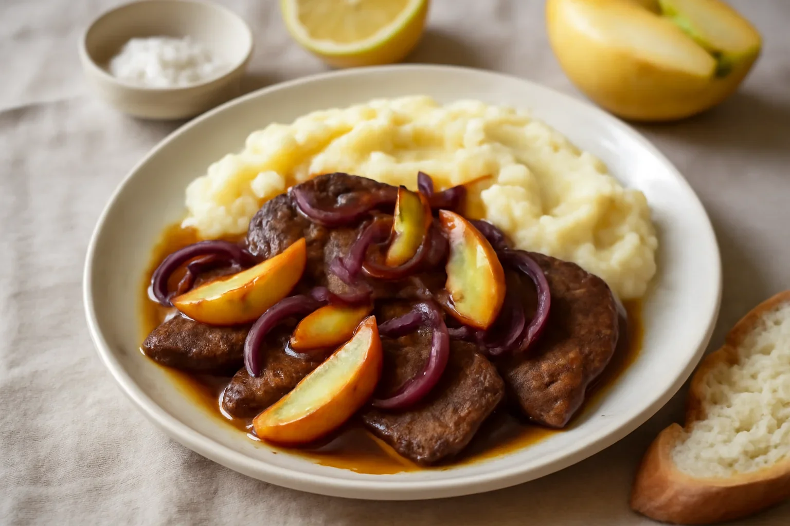 Ficat de vitel cu Calvados si mere