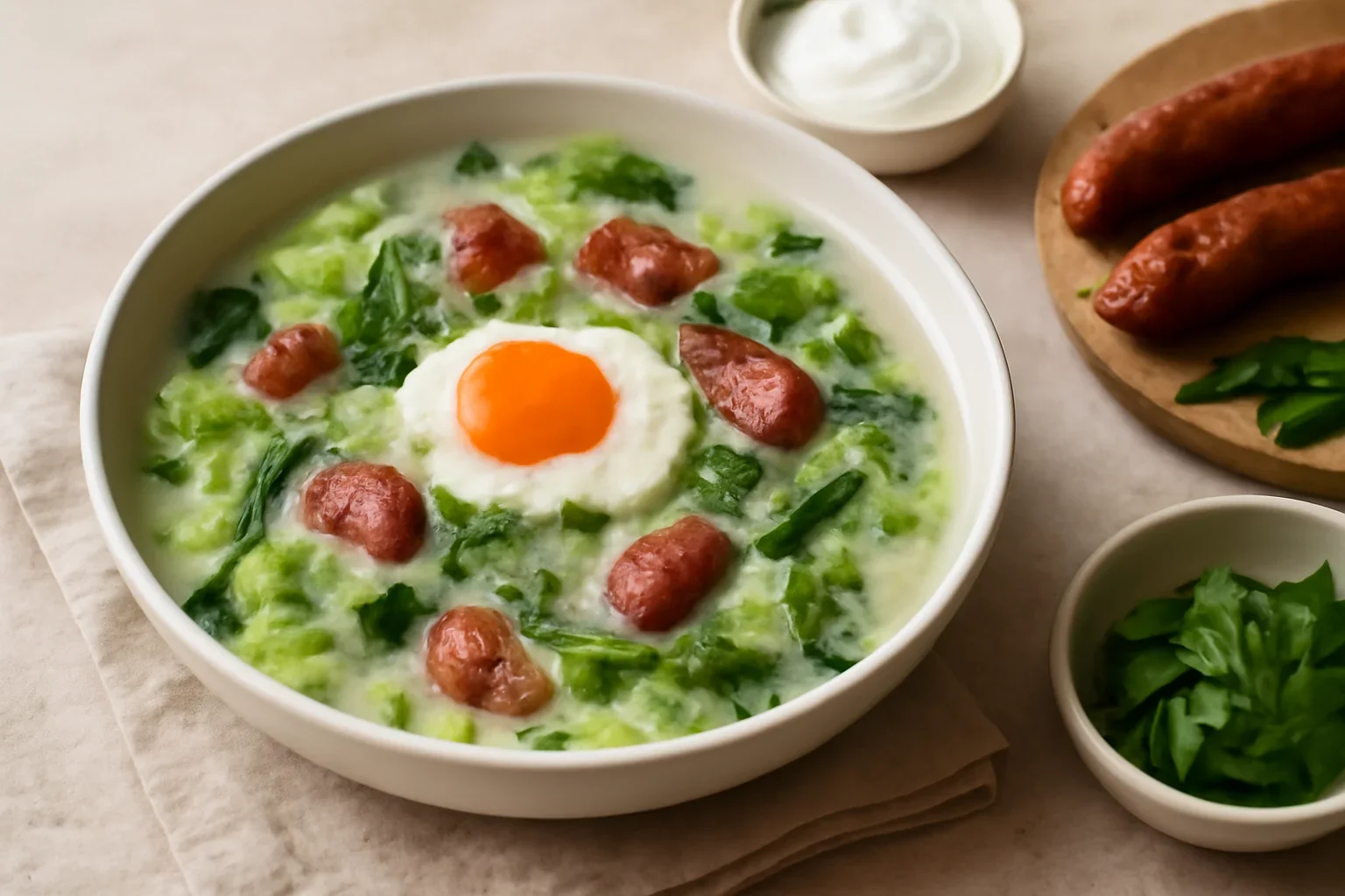 Supă de salată cu leurdă, cârnați și ou