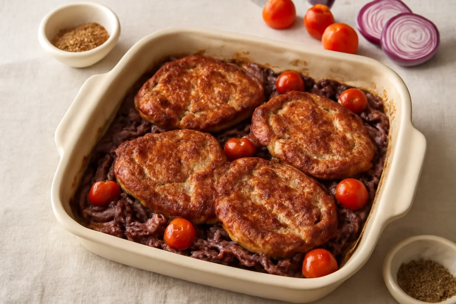 Ceafa de porc pe pat de ceapa la cuptor