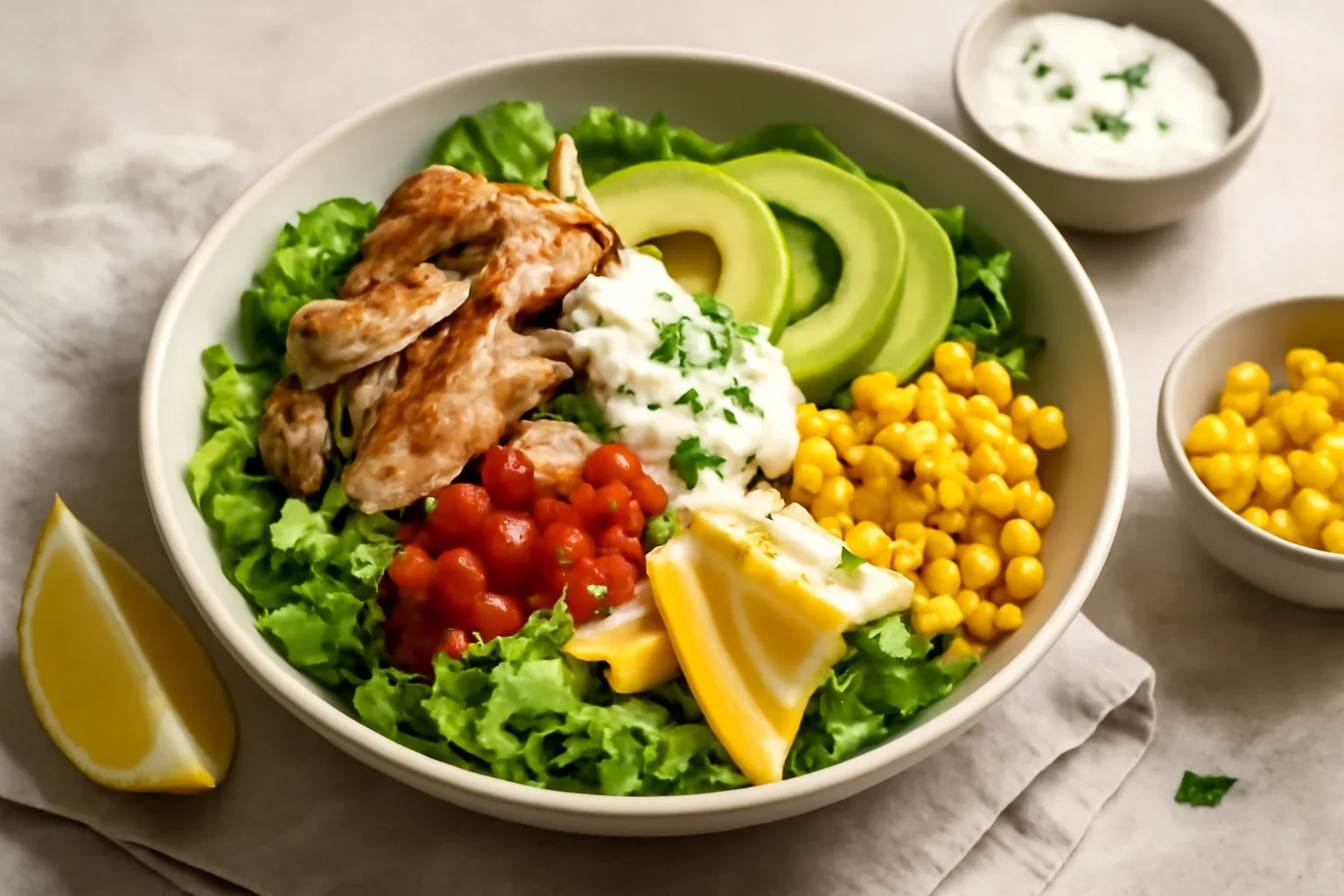 Salată cu pui fript, avocado, porumb, brânză și dressing cremos de iaurt cu usturoi