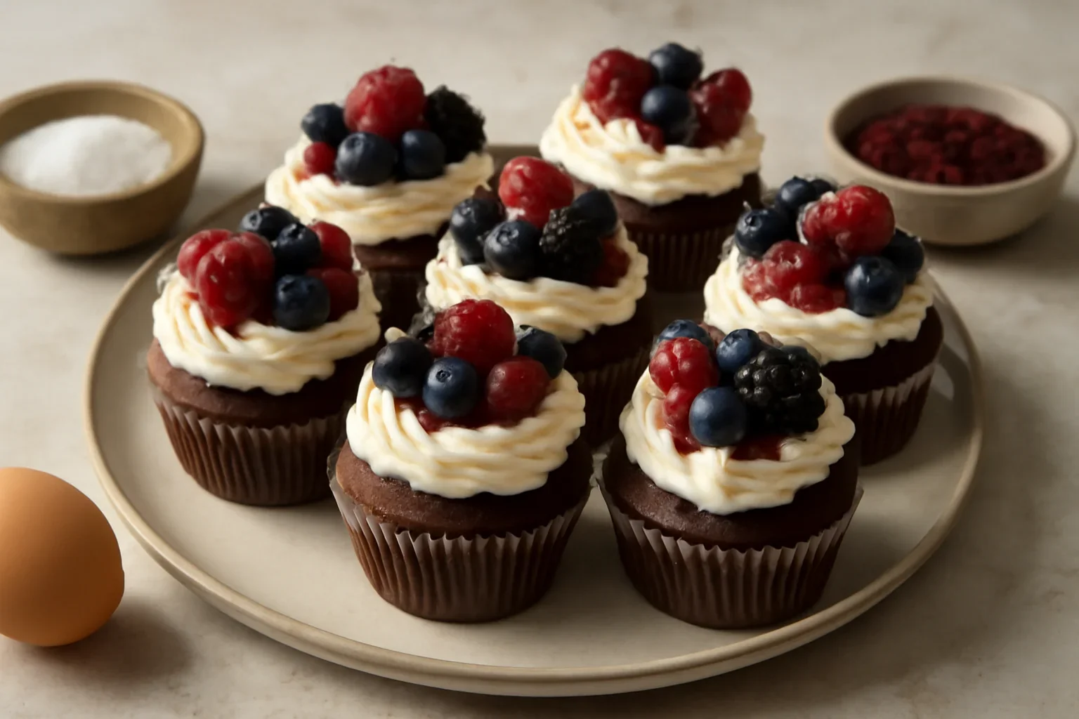 Cupcakes de cacao, cu crema de mascarpone, frisca si fructe de padure