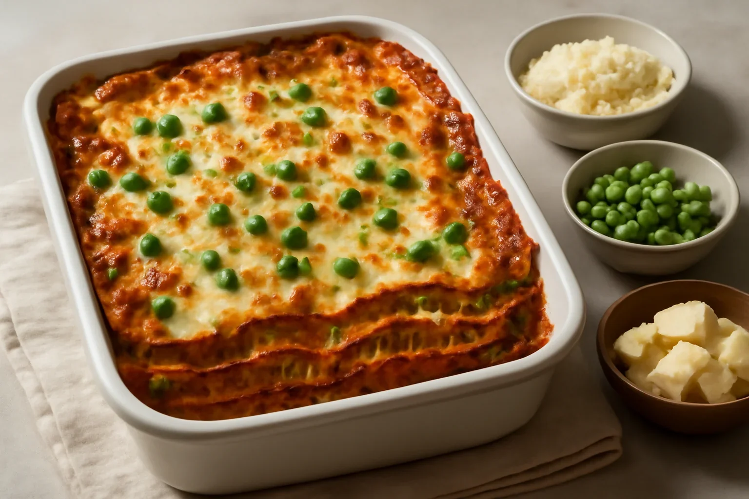 Lasagna cu mazare, carne tocata si sos tomat